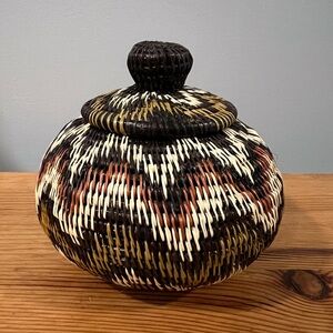 Brown Orange White Jungle Rainforest Cascade Handmade Woven Basket With Top